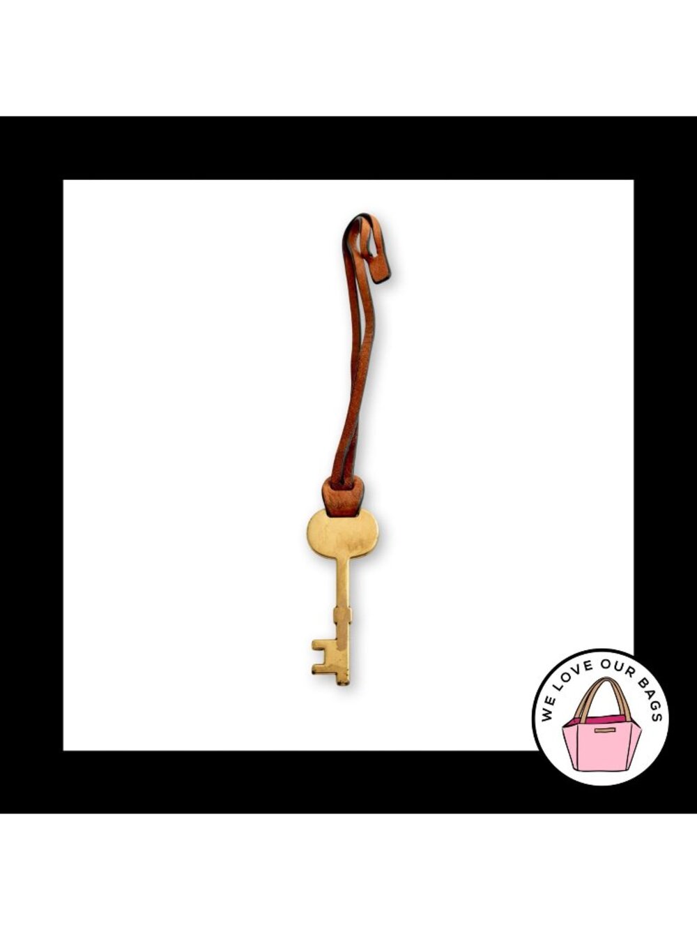 FOSSIL KEY Gold Brass Metal Brown Leather Strap Bag Charm Hang Tag Keychain Fob